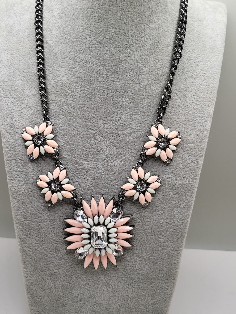 Amrita Singh Pink Mint Rhinestone Floral Statement Necklace Gunmetal Chain